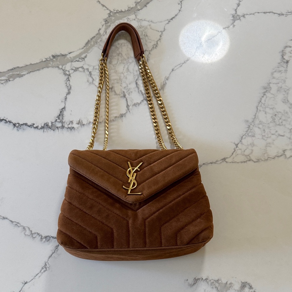 Y S L bag shoulder crossbody purse brown with gold medium